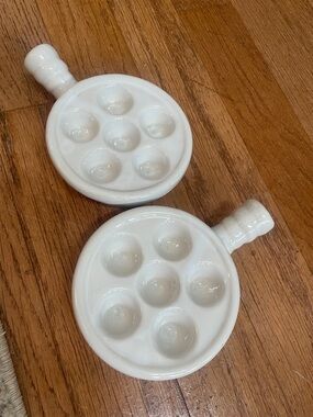White Ceramic Escargot  Dish with handle with 6 wells - Set of 2
